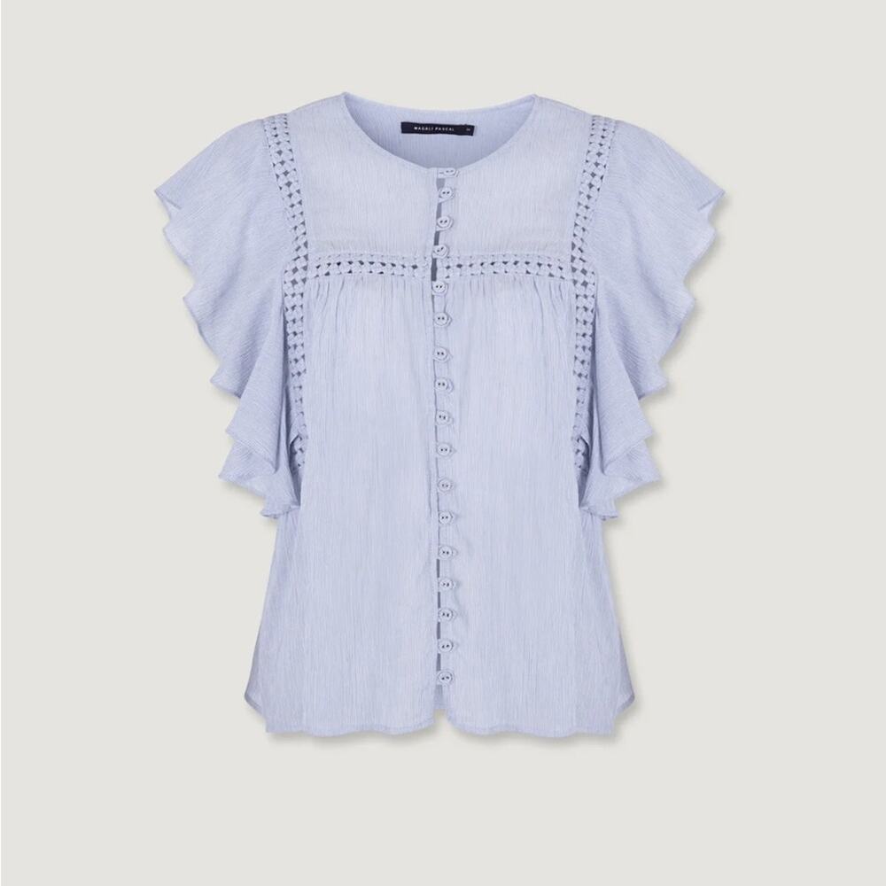 magali pascal dominika light blue button front ruffle detail summer blouse top
